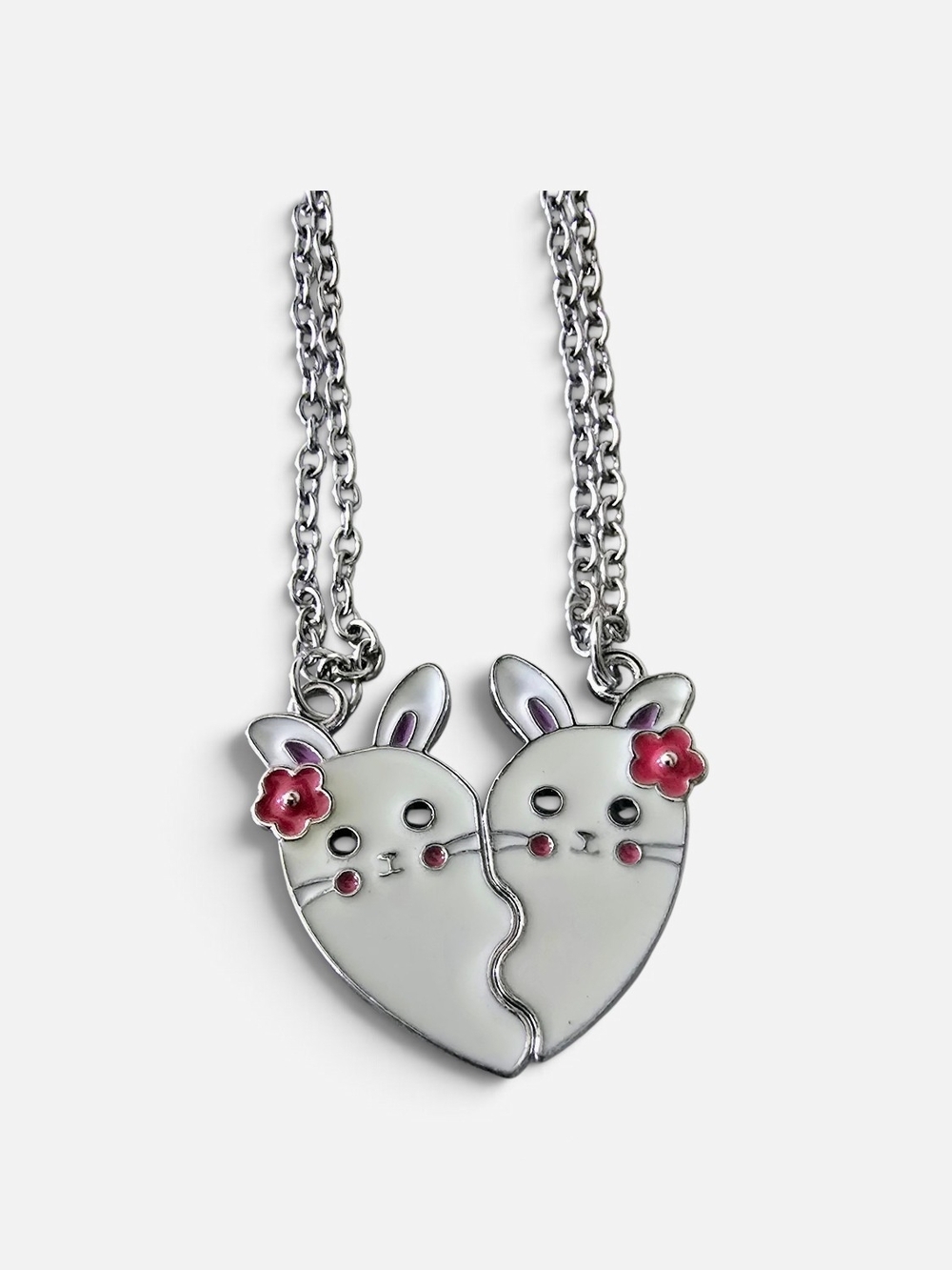 Silver White Bunny Heart Best Friend Necklace Set